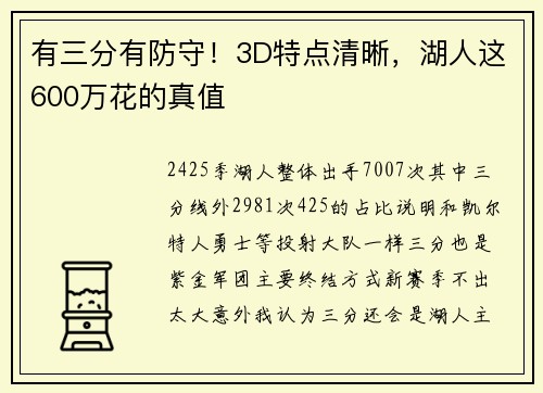有三分有防守！3D特点清晰，湖人这600万花的真值
